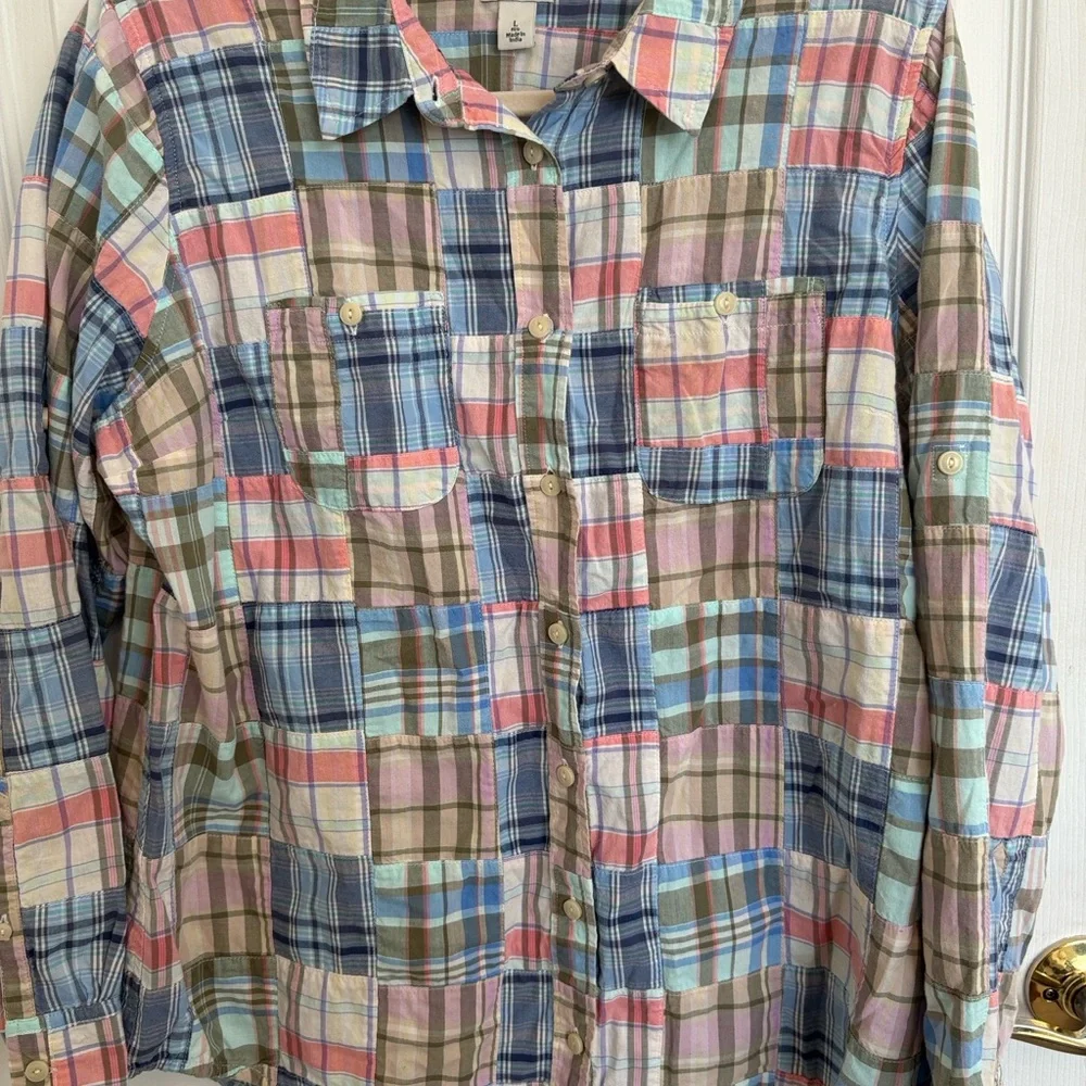L.L. Bean Madras Plaid Button Down Shirt - Blue, Pink, Green - Picture 2 of 8